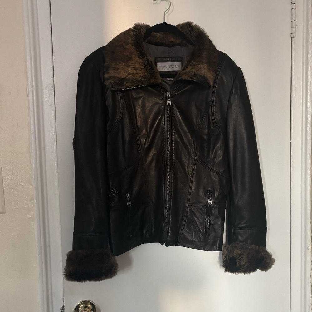 Mark New York Leather Jacket with Fur Trim